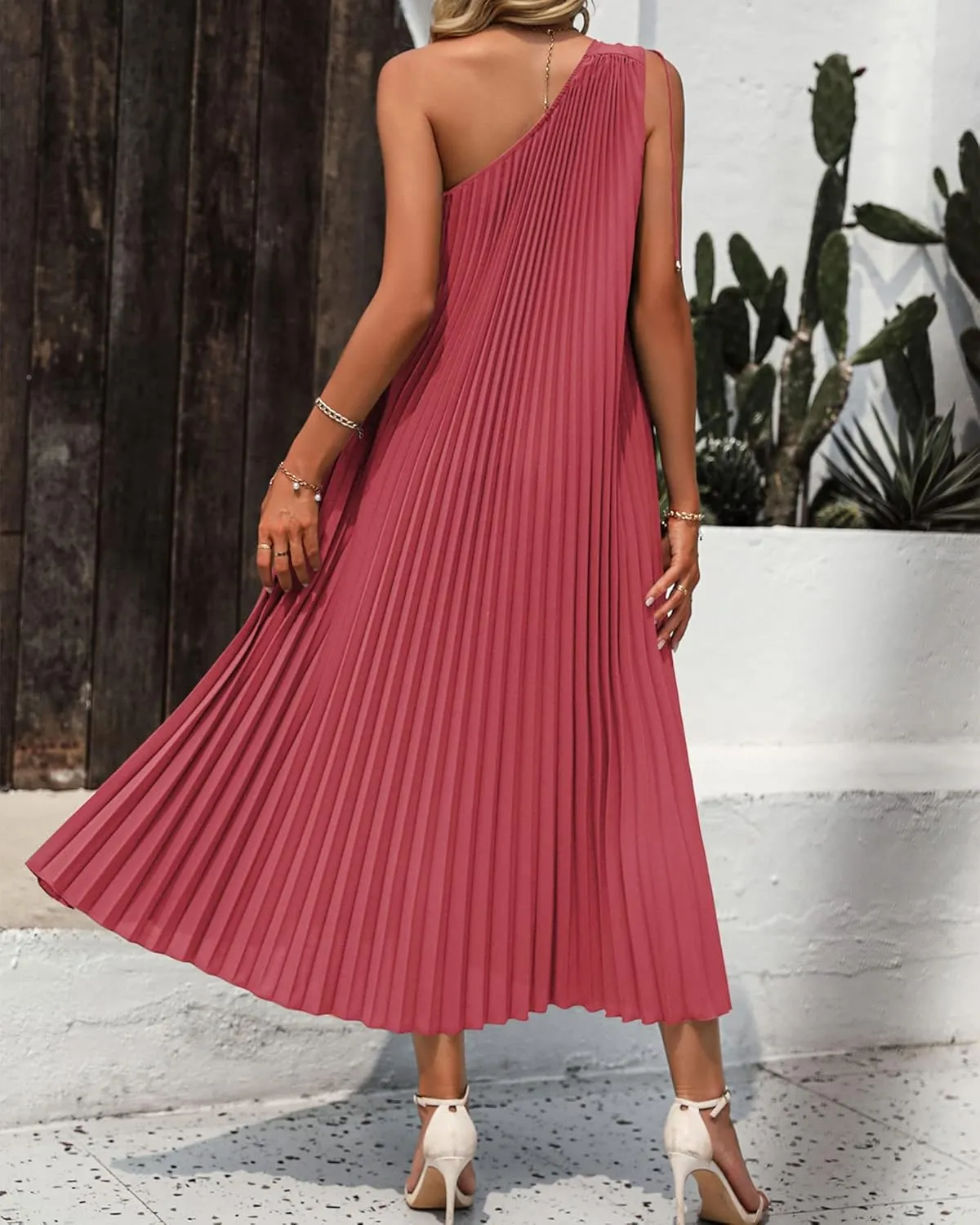 BTFBM Women's Drawstring One Shoulder Maxi Dresses Summer Sleeveless Tie Waist Pleated Long Flowy Party Cocktail Dress