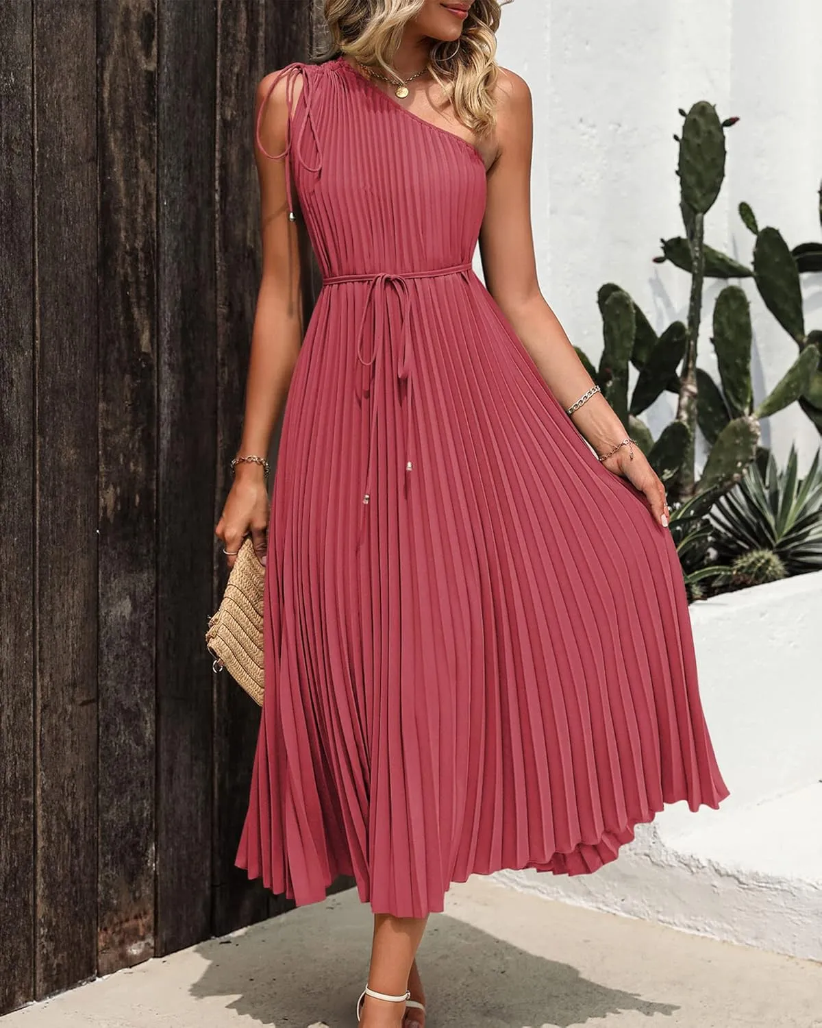 BTFBM Women's Drawstring One Shoulder Maxi Dresses Summer Sleeveless Tie Waist Pleated Long Flowy Party Cocktail Dress