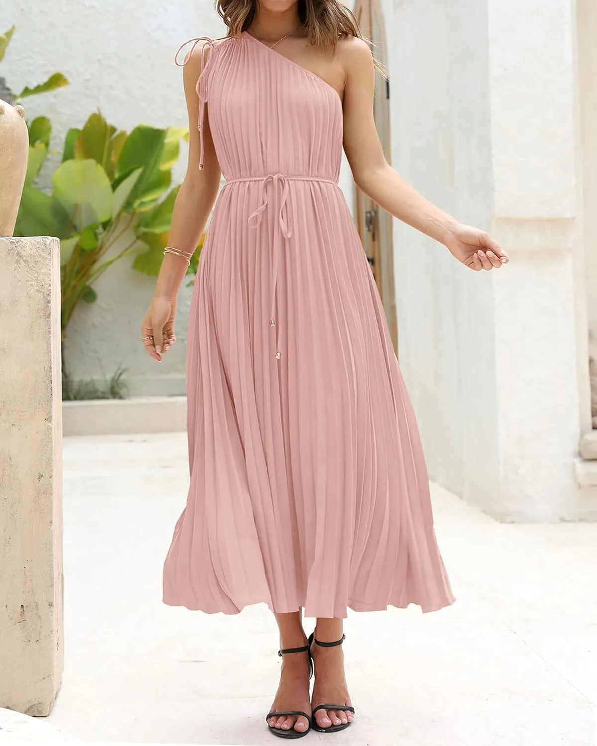 BTFBM Women's Drawstring One Shoulder Maxi Dresses Summer Sleeveless Tie Waist Pleated Long Flowy Party Cocktail Dress