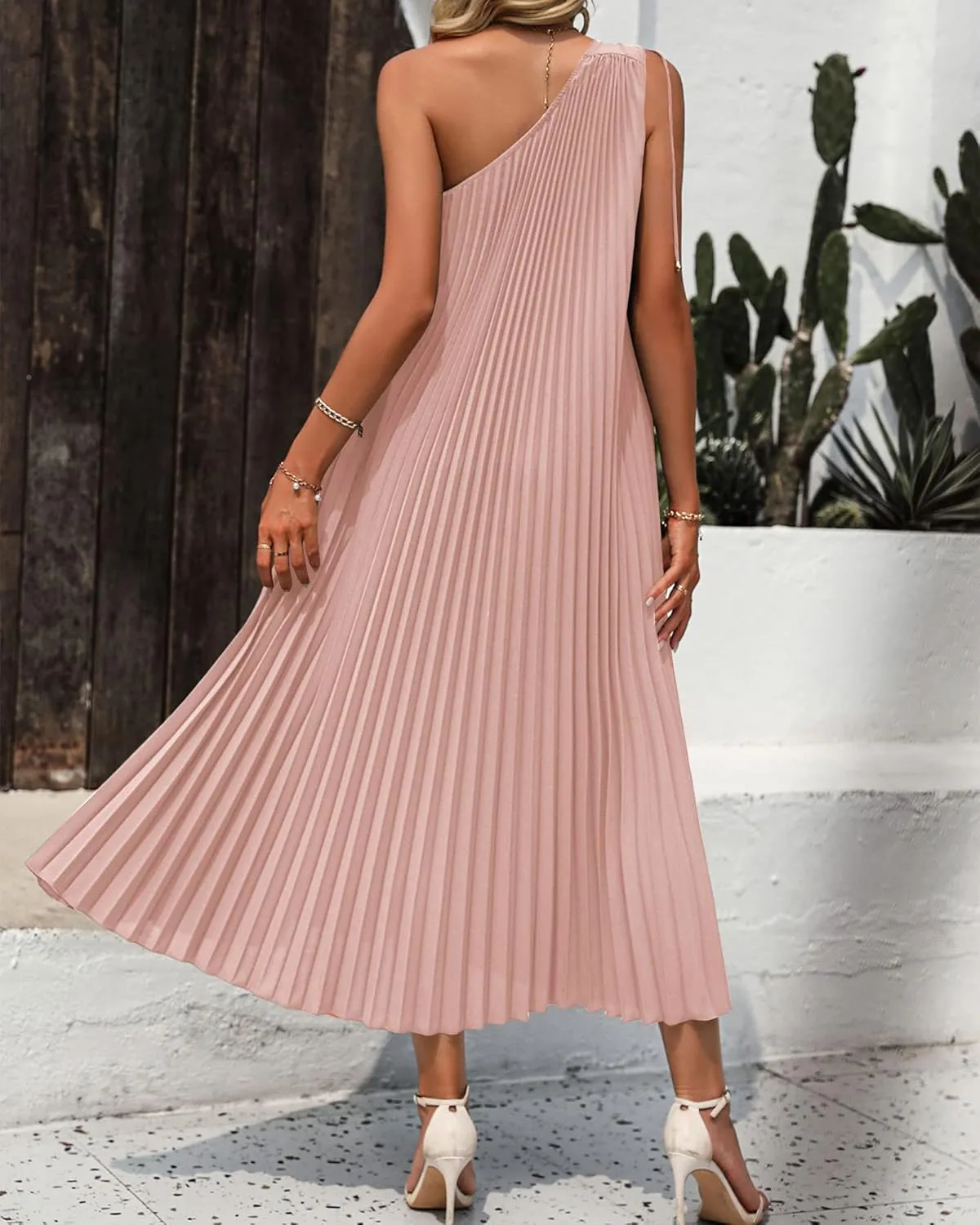 BTFBM Women's Drawstring One Shoulder Maxi Dresses Summer Sleeveless Tie Waist Pleated Long Flowy Party Cocktail Dress
