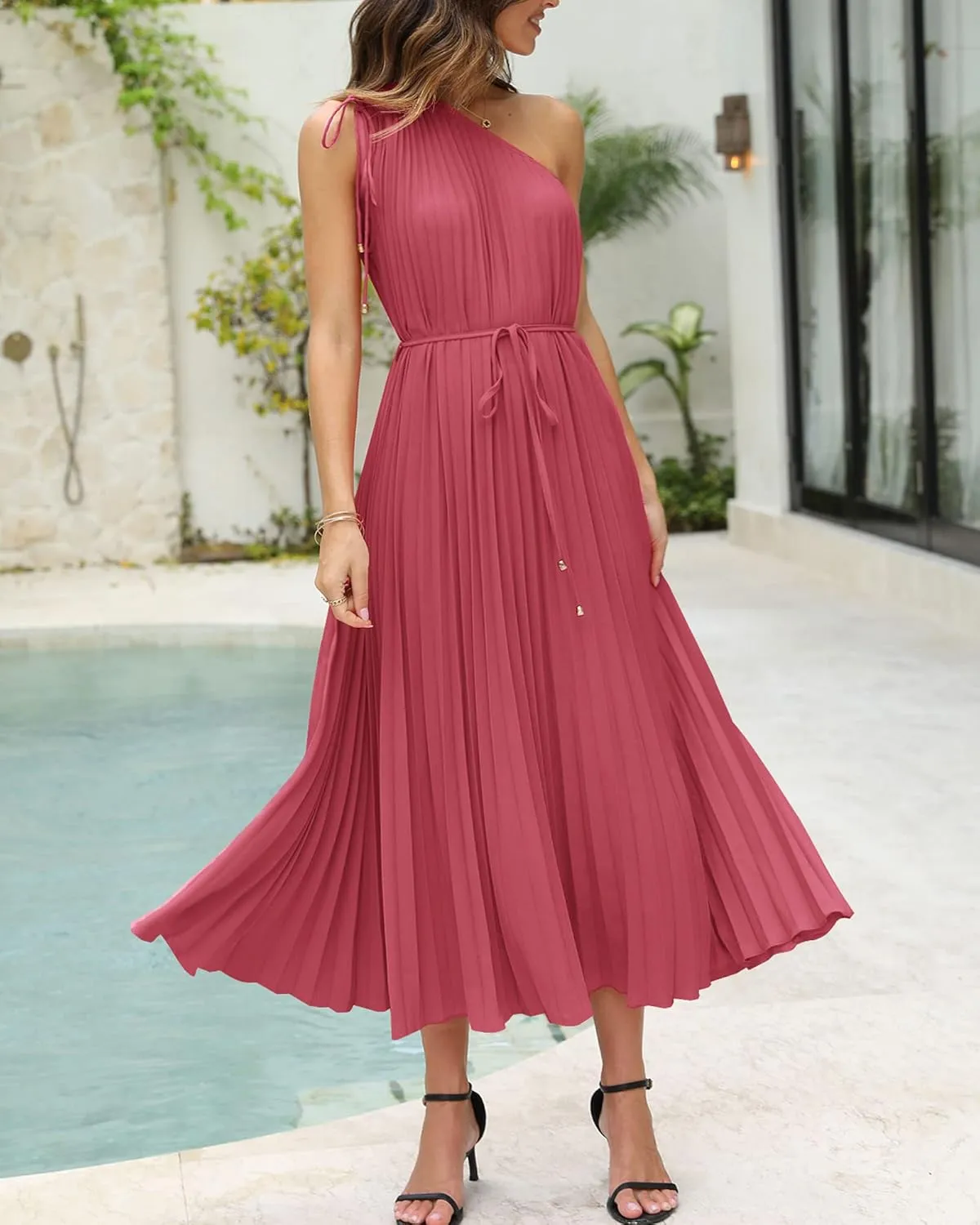 BTFBM Women's Drawstring One Shoulder Maxi Dresses Summer Sleeveless Tie Waist Pleated Long Flowy Party Cocktail Dress