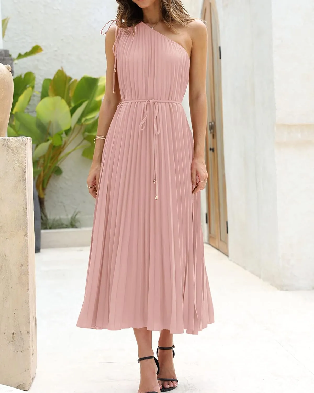 BTFBM Women's Drawstring One Shoulder Maxi Dresses Summer Sleeveless Tie Waist Pleated Long Flowy Party Cocktail Dress
