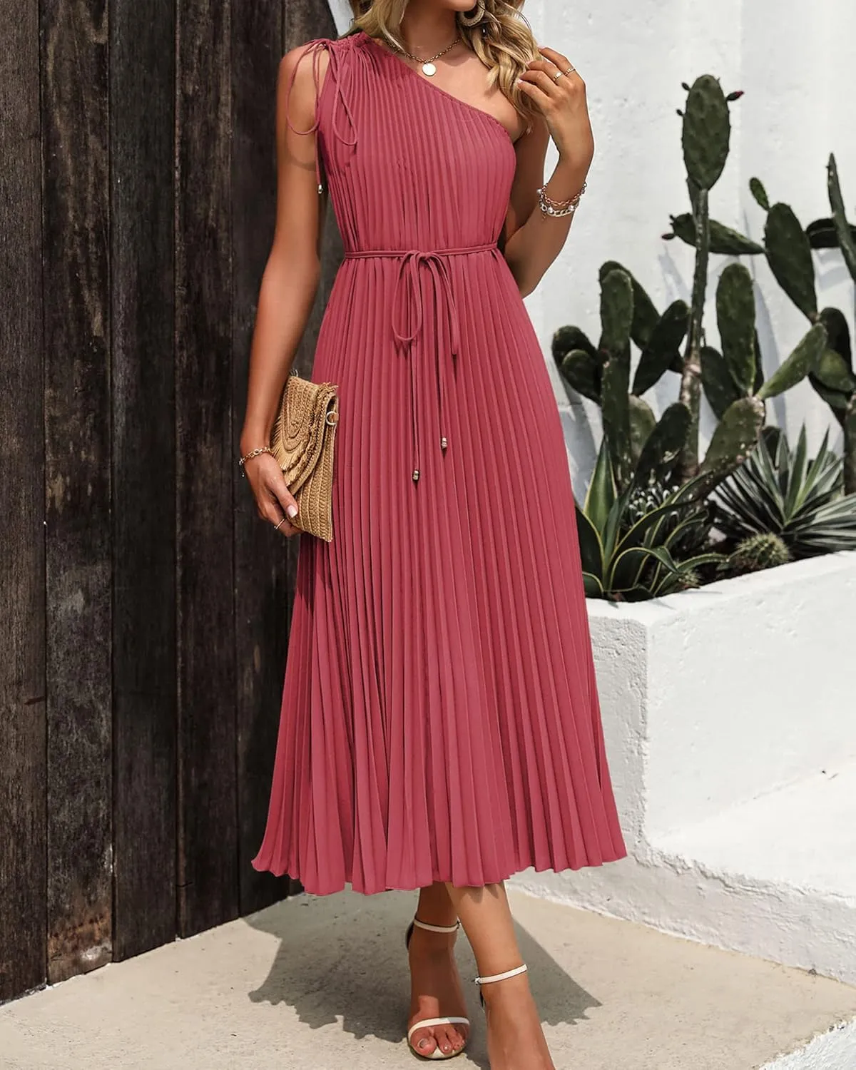BTFBM Women's Drawstring One Shoulder Maxi Dresses Summer Sleeveless Tie Waist Pleated Long Flowy Party Cocktail Dress