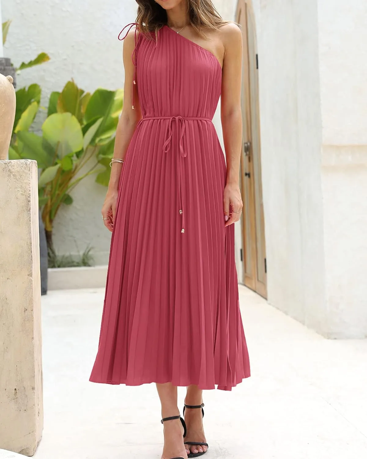 BTFBM Women's Drawstring One Shoulder Maxi Dresses Summer Sleeveless Tie Waist Pleated Long Flowy Party Cocktail Dress