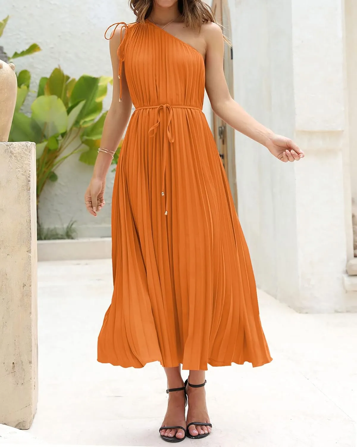 BTFBM Women's Drawstring One Shoulder Maxi Dresses Summer Sleeveless Tie Waist Pleated Long Flowy Party Cocktail Dress