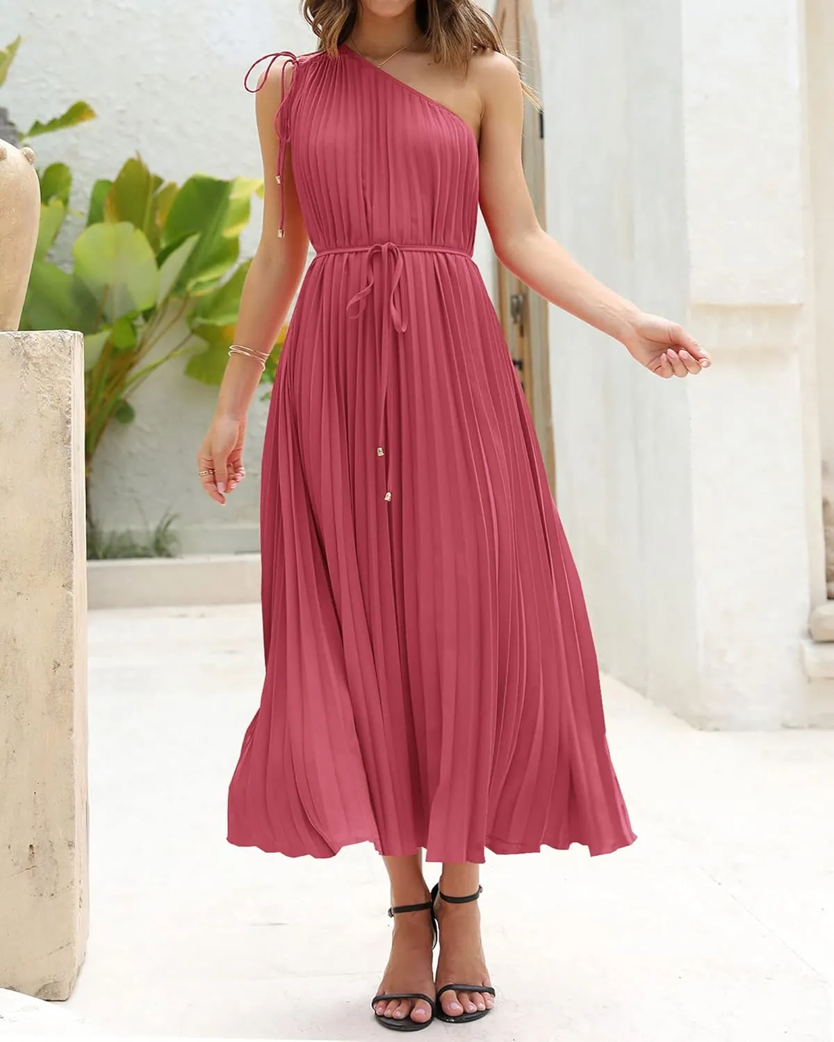 BTFBM Women's Drawstring One Shoulder Maxi Dresses Summer Sleeveless Tie Waist Pleated Long Flowy Party Cocktail Dress