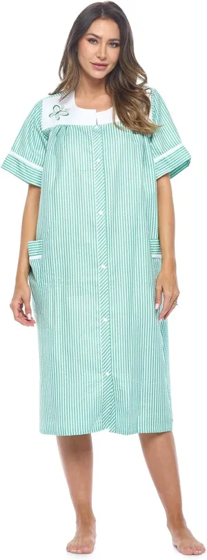 Casual Nights Women's Snap - Front House Dress Short Sleeve Woven Housecoat Duster Lounger Robe with Pockets