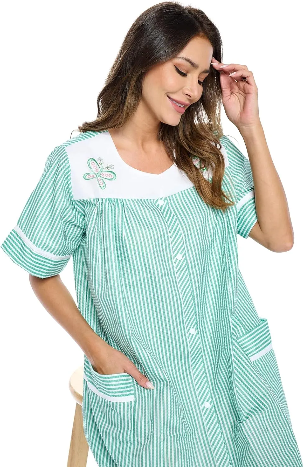 Casual Nights Women's Snap - Front House Dress Short Sleeve Woven Housecoat Duster Lounger Robe with Pockets