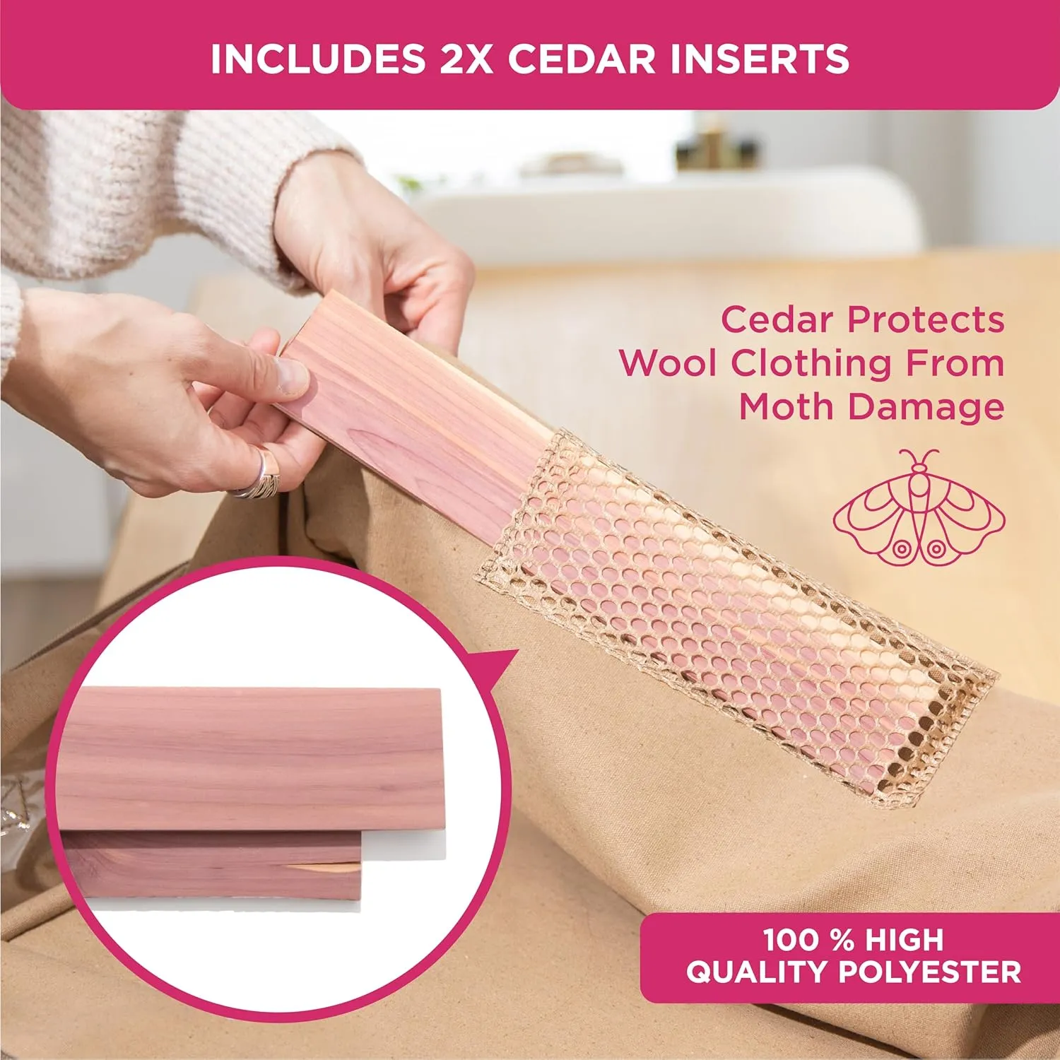 Cedar Clothes Storage Bag Organizer  Protects from Moths, Moisture, Dirt & Dust  Set of 2 Underbed Storage Bags for Clothes, Cashmere Sweaters, Bedding & More - Underbed Storage - Beige