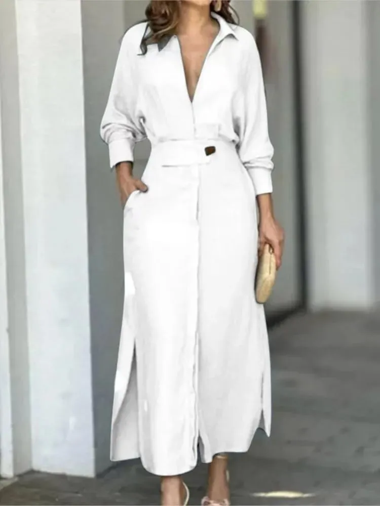 ChenKongHai Dress for Women Elegant Solid Color Autumn Party Slip Pockets Long Sleeve Irregular Shirt Dresses
