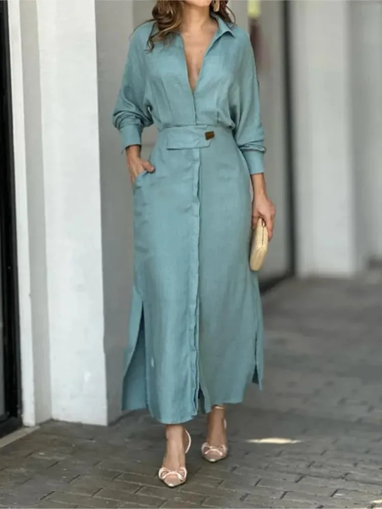 ChenKongHai Dress for Women Elegant Solid Color Autumn Party Slip Pockets Long Sleeve Irregular Shirt Dresses