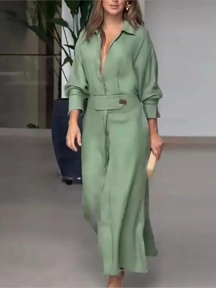ChenKongHai Dress for Women Elegant Solid Color Autumn Party Slip Pockets Long Sleeve Irregular Shirt Dresses