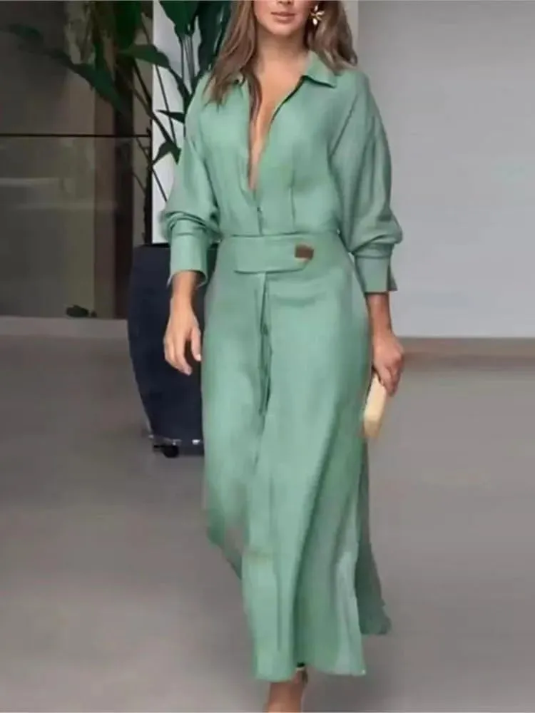 ChenKongHai Dress for Women Elegant Solid Color Autumn Party Slip Pockets Long Sleeve Irregular Shirt Dresses