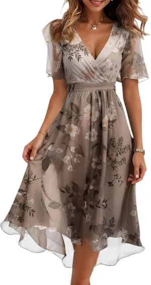 Chiffon Dresses for Women Cocktail 2025 Summer Sexy Wrap Dresses Wedding Guest Womens Midi Flowy Floral Dress