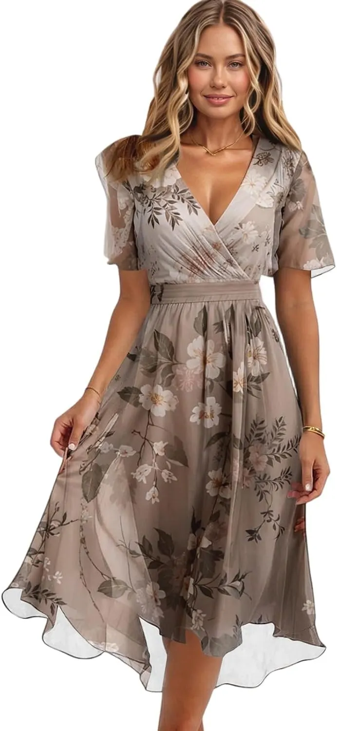 Chiffon Dresses for Women Cocktail 2025 Summer Sexy Wrap Dresses Wedding Guest Womens Midi Flowy Floral Dress