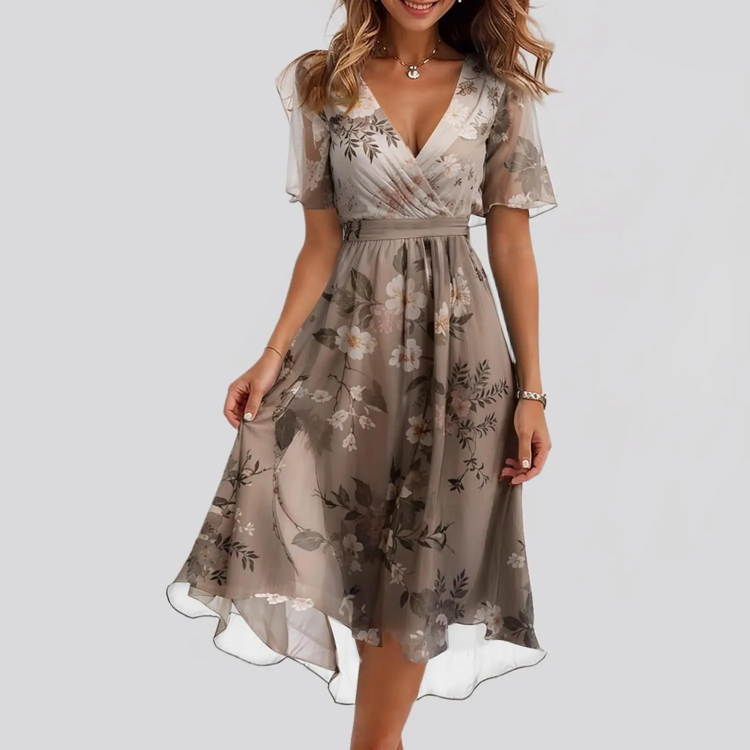 Chiffon Dresses for Women Cocktail 2025 Summer Sexy Wrap Dresses Wedding Guest Womens Midi Flowy Floral Dress