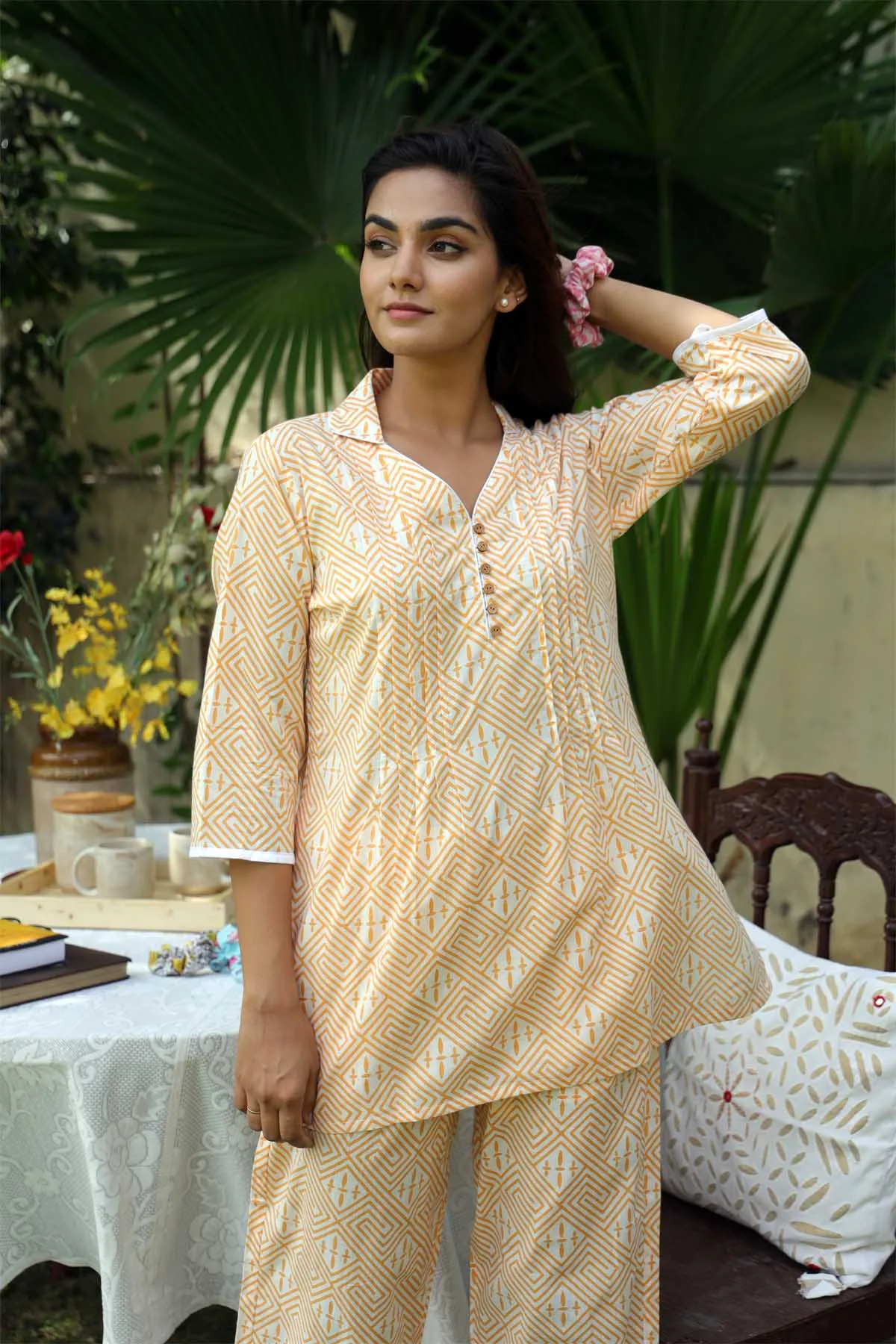Cotton Loungewear Set In Pastel yellow Color