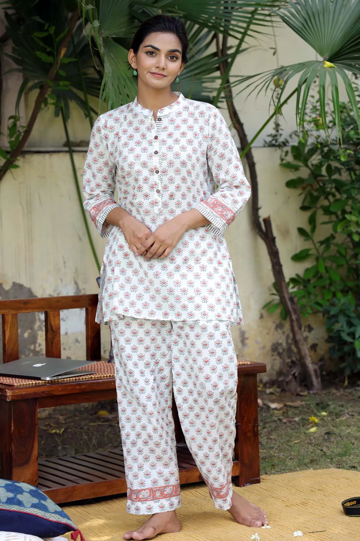 Cotton Loungewear Set In Pearl White Color