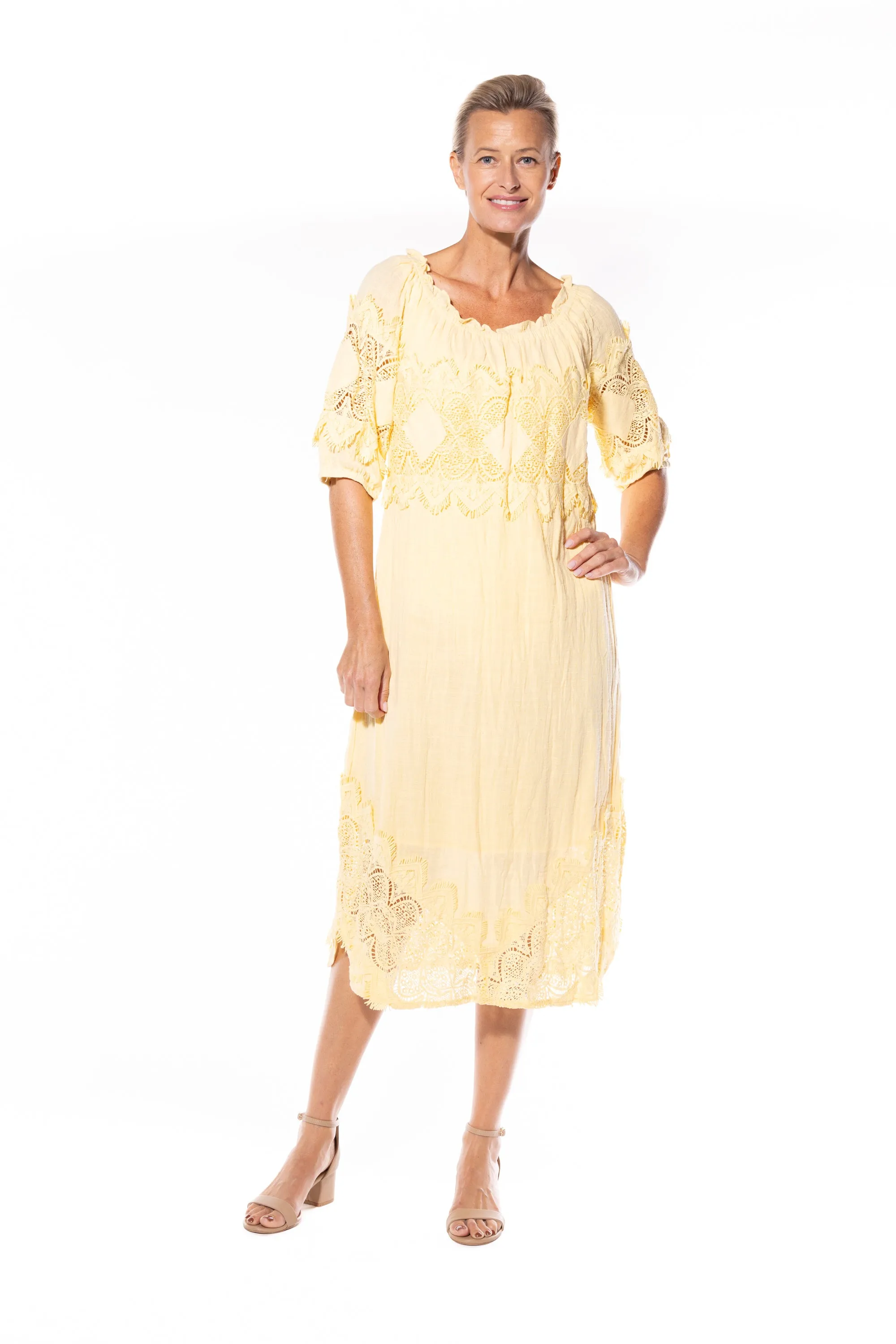 Cotton Peasant Dress by Café Latte - Lemon
