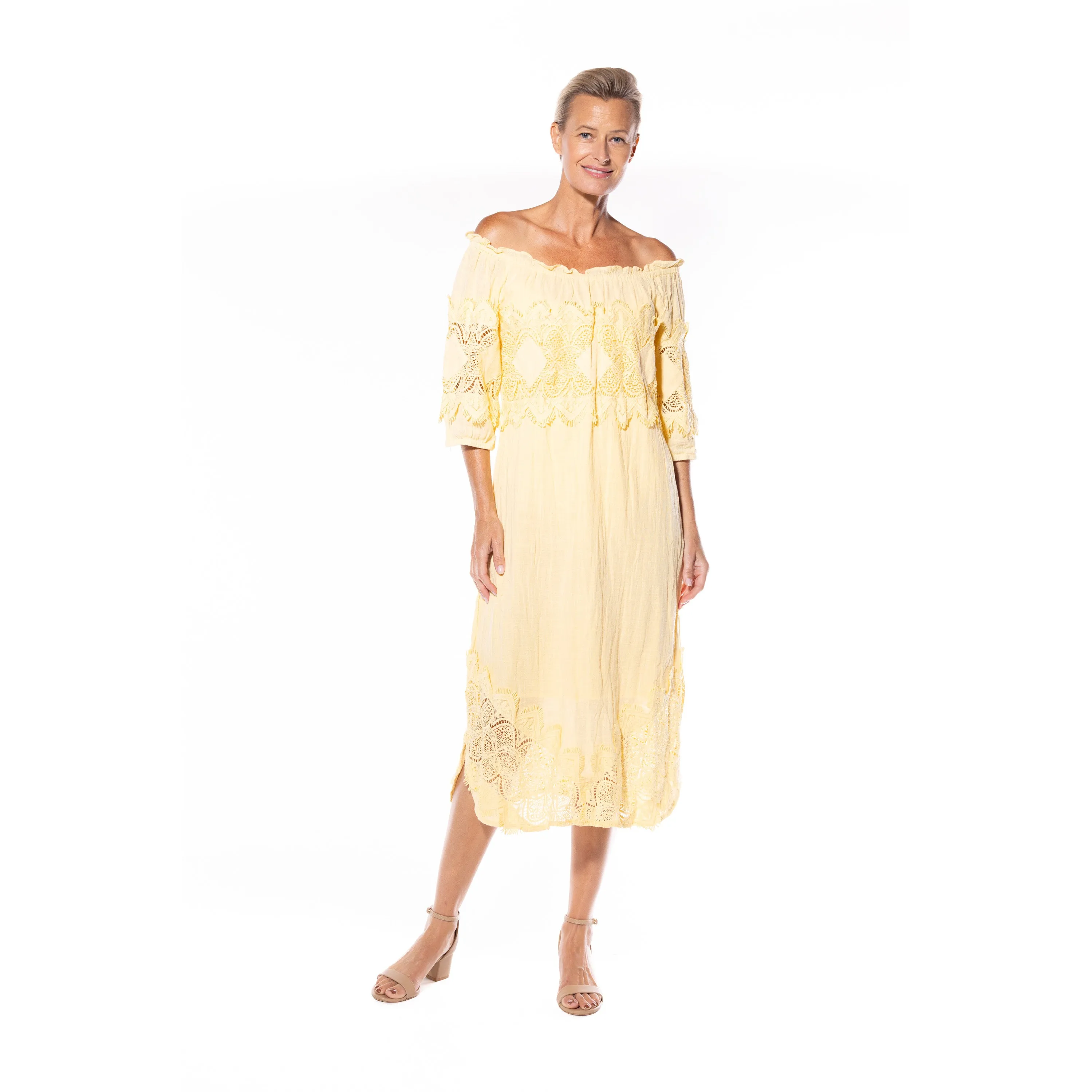 Cotton Peasant Dress by Café Latte - Lemon
