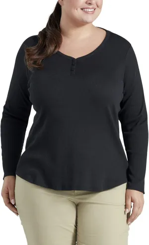 Dickies Women's Long-Sleeve 3-Button Henley Shirt, Black, 1 Plus Size