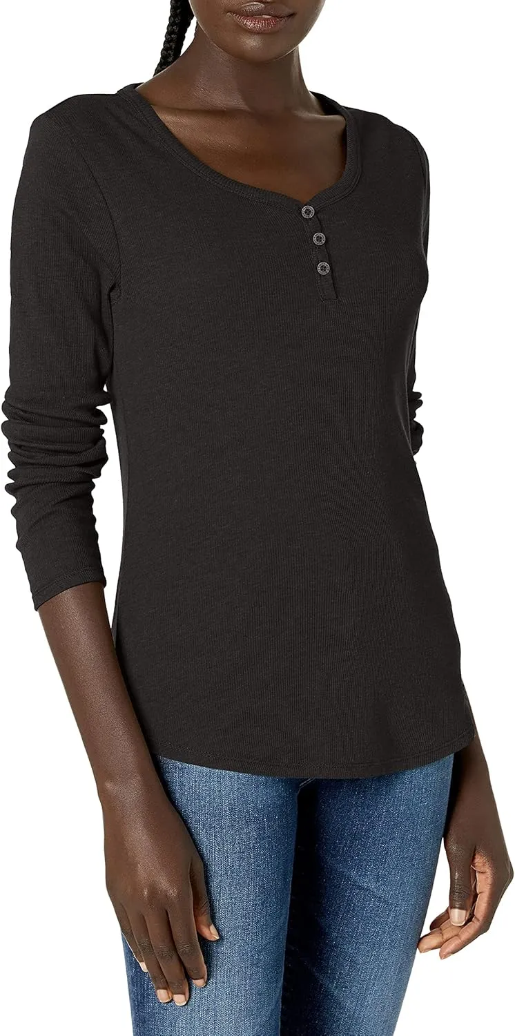 Dickies Women's Long-Sleeve 3-Button Henley Shirt, Black, 3 Plus Size
