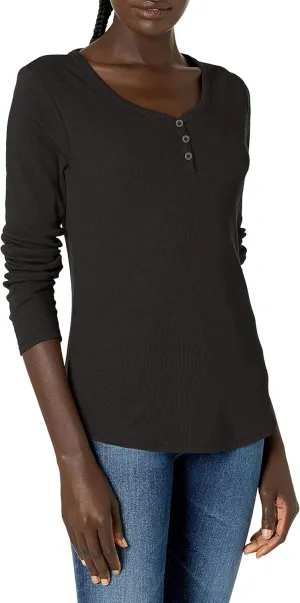 Dickies Women's Long-Sleeve 3-Button Henley Shirt, Black, 3 Plus Size