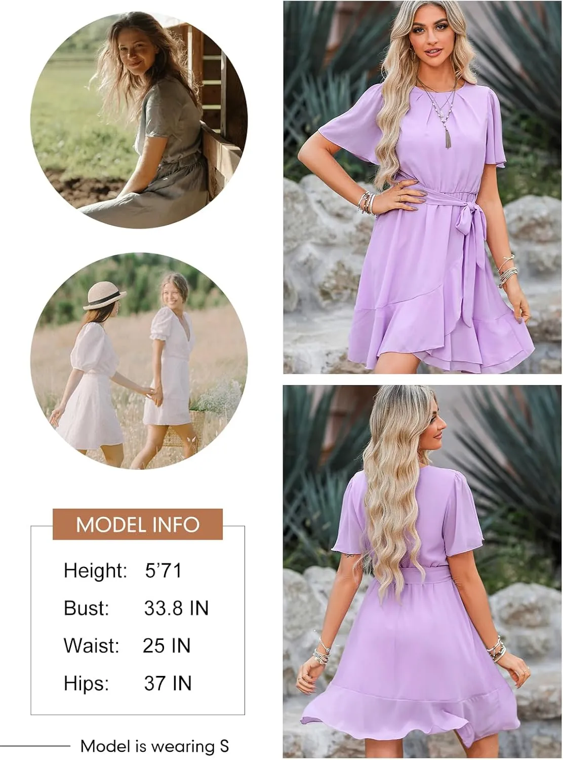 Dokotoo Womens Summer Dresses 2025 Crewneck Short Sleeve Waist Tie Ruffle Casual Chiffon A-Line Swing Mini Dress