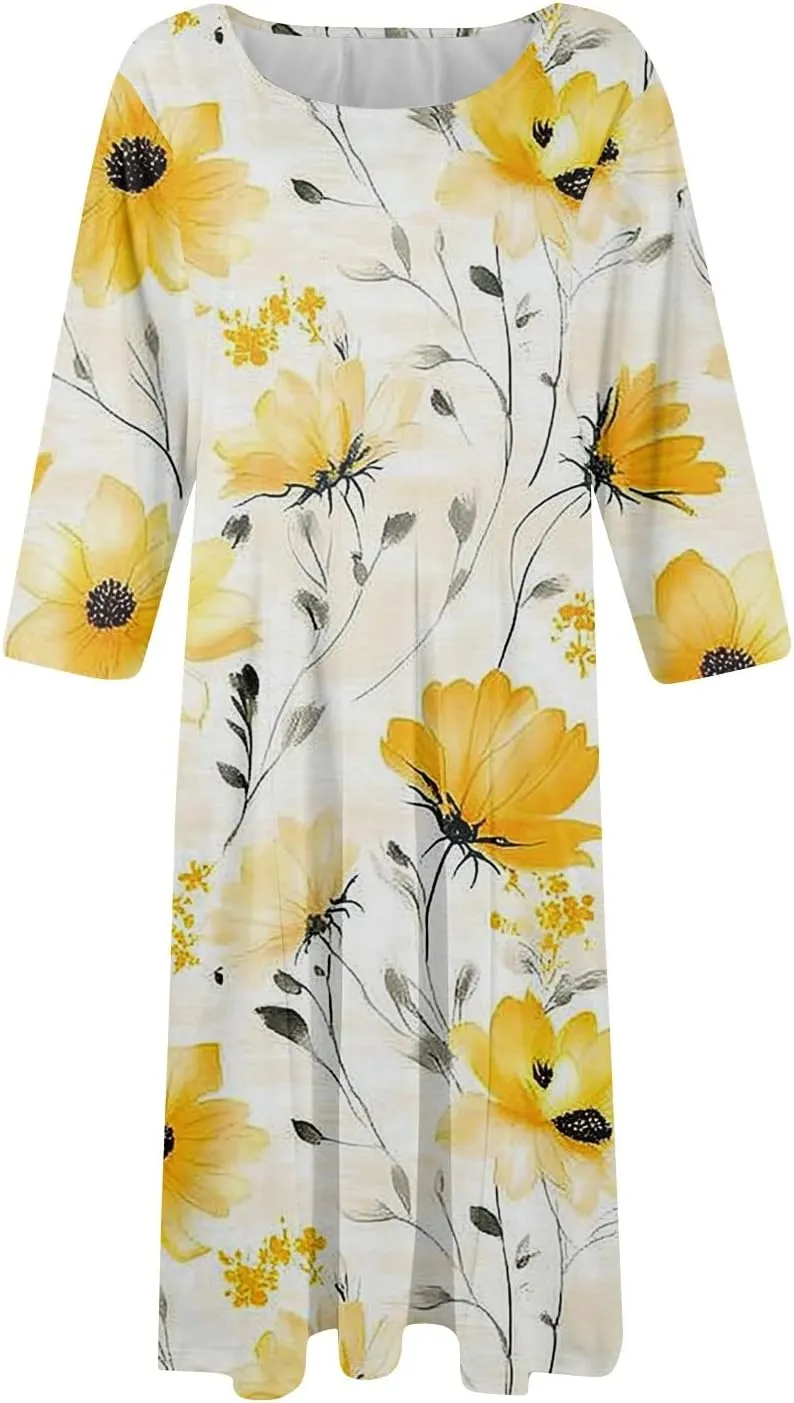 Dress for Women 3/4 Sleeve Spring Wrap Dress Empire Waist Floral Fitted Dresses Summer Cute Flowy Dresses with Pocket