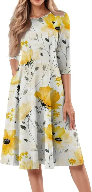 Dress for Women 3/4 Sleeve Spring Wrap Dress Empire Waist Floral Fitted Dresses Summer Cute Flowy Dresses with Pocket