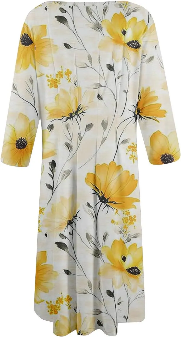 Dress for Women 3/4 Sleeve Spring Wrap Dress Empire Waist Floral Fitted Dresses Summer Cute Flowy Dresses with Pocket