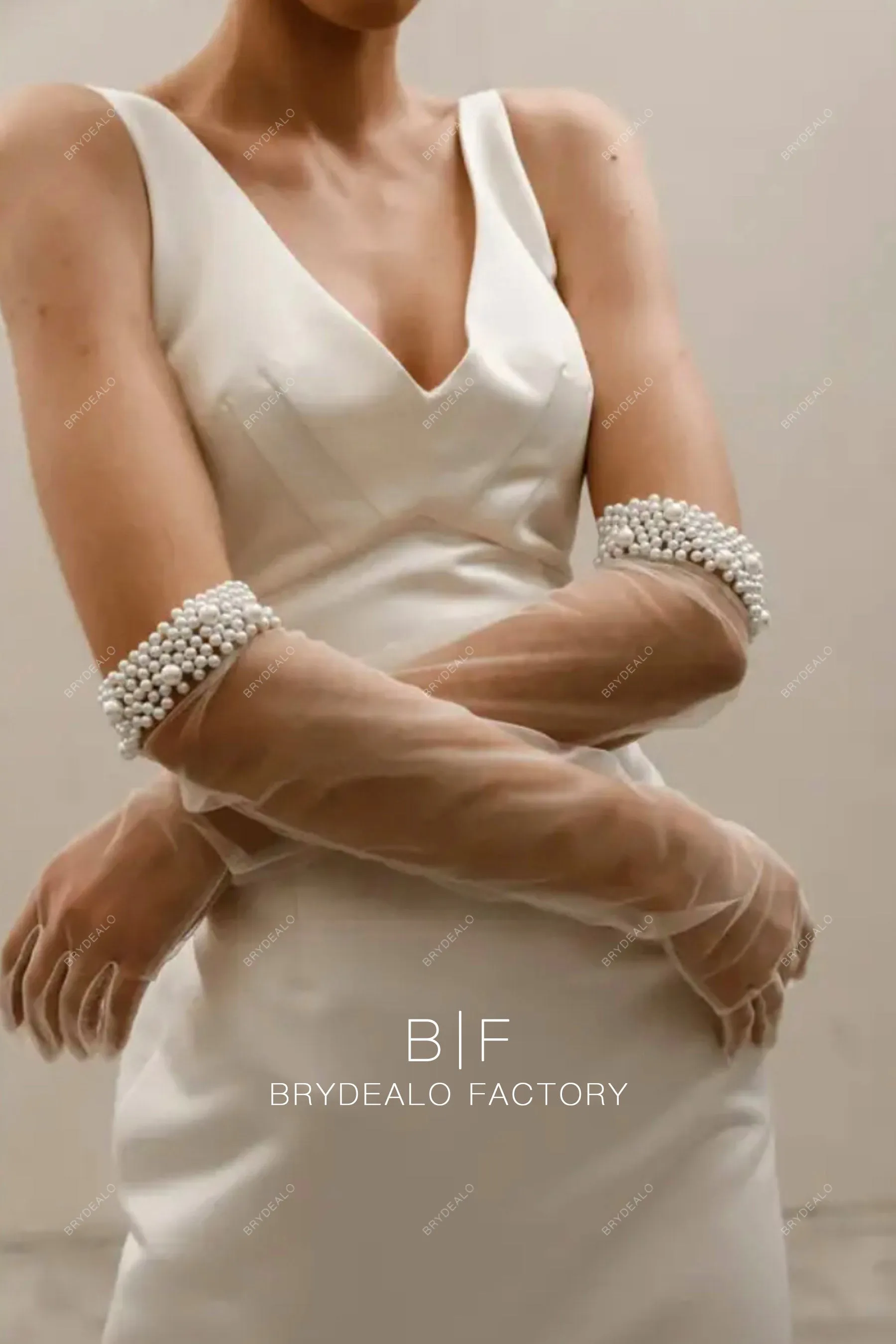 Elegant Pearls Adorned Sheer Elbow Length Bridal Gloves
