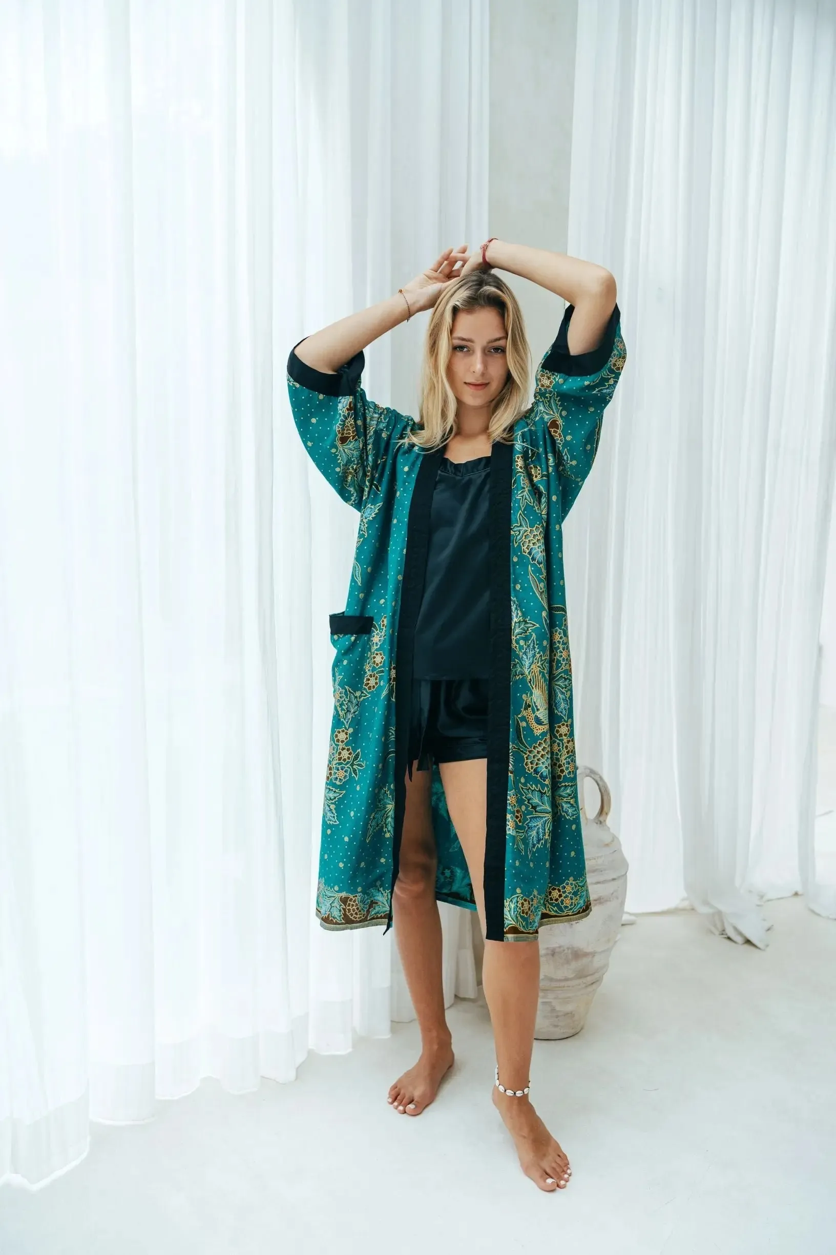Emerald Green Unisex Batik Kimono Robe