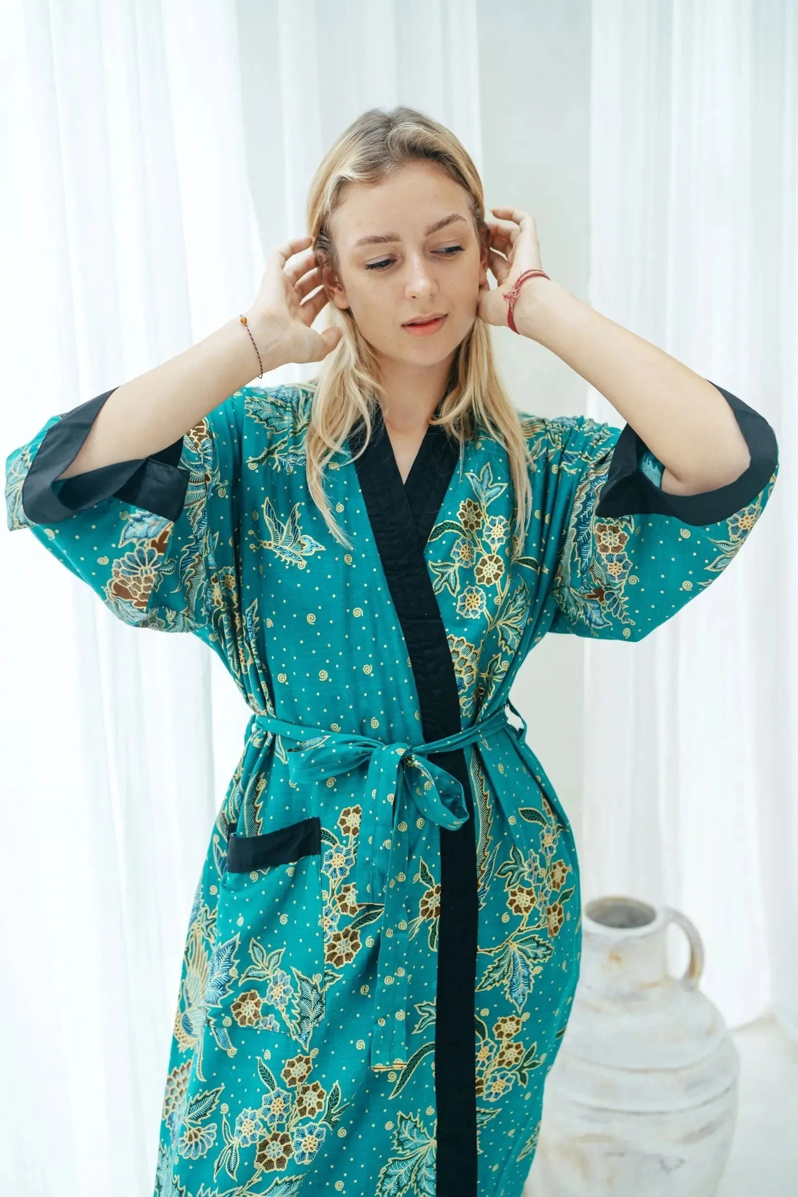 Emerald Green Unisex Batik Kimono Robe