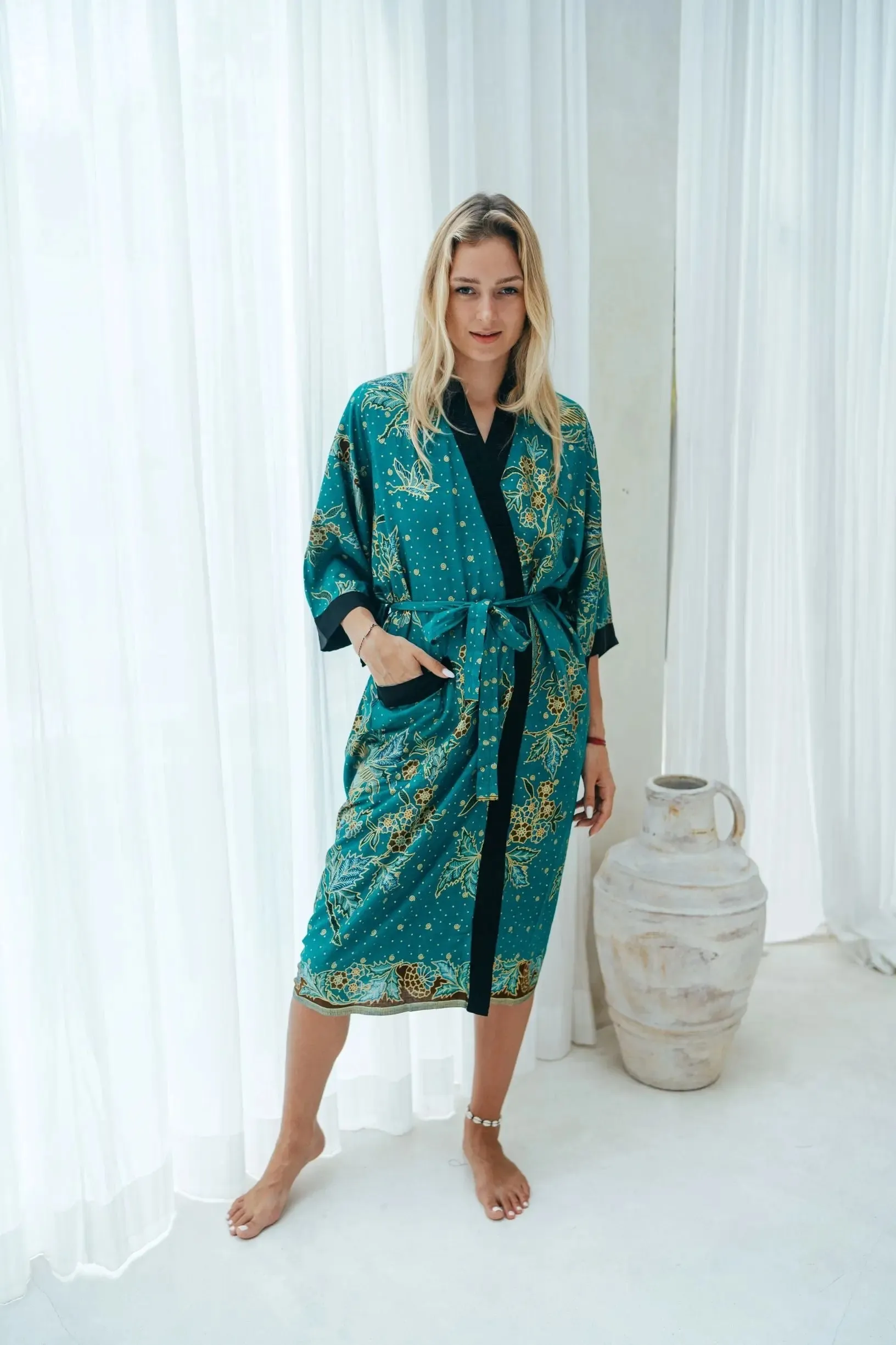 Emerald Green Unisex Batik Kimono Robe