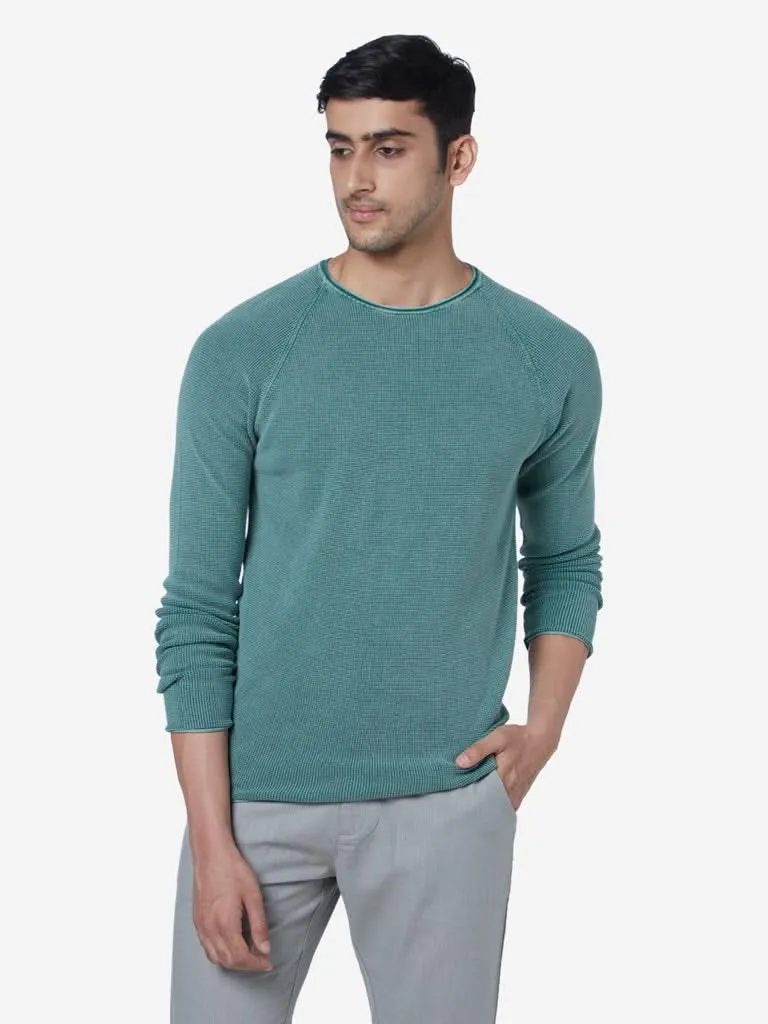 ETA Teal Self-Textured Slim-Fit Sweater