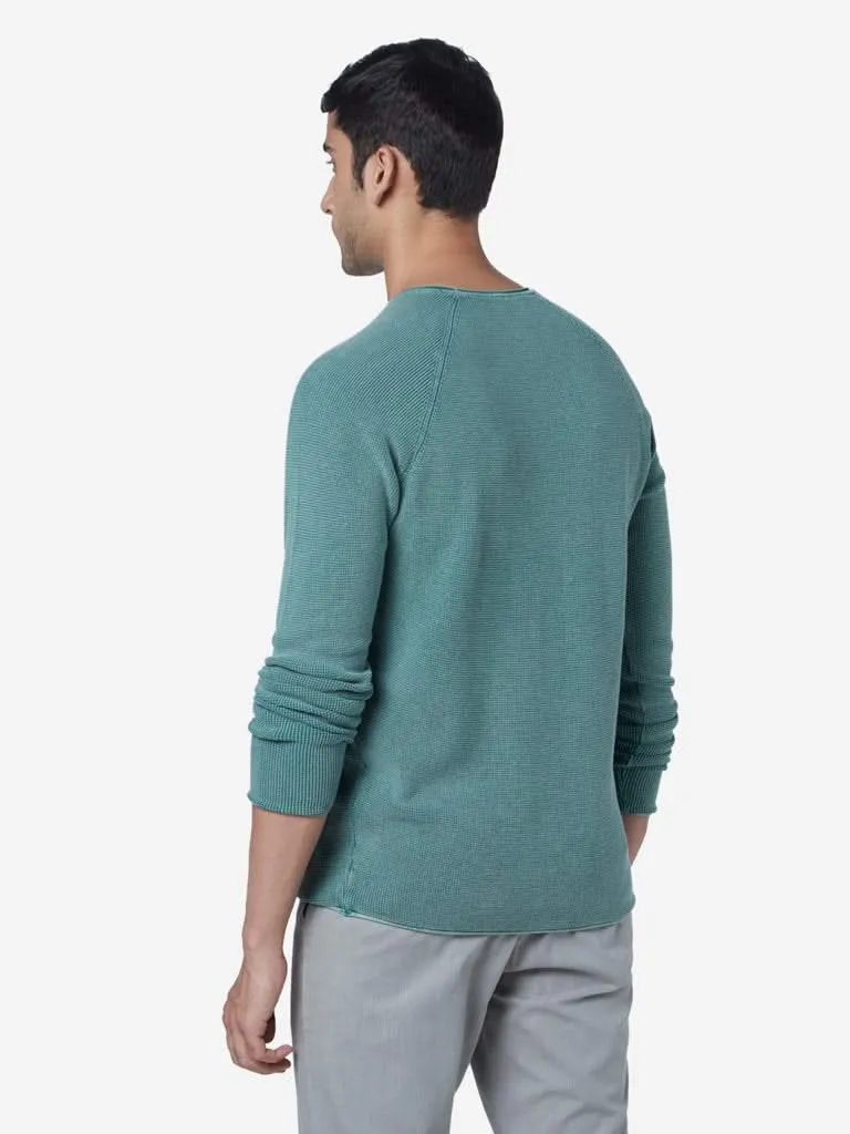 ETA Teal Self-Textured Slim-Fit Sweater