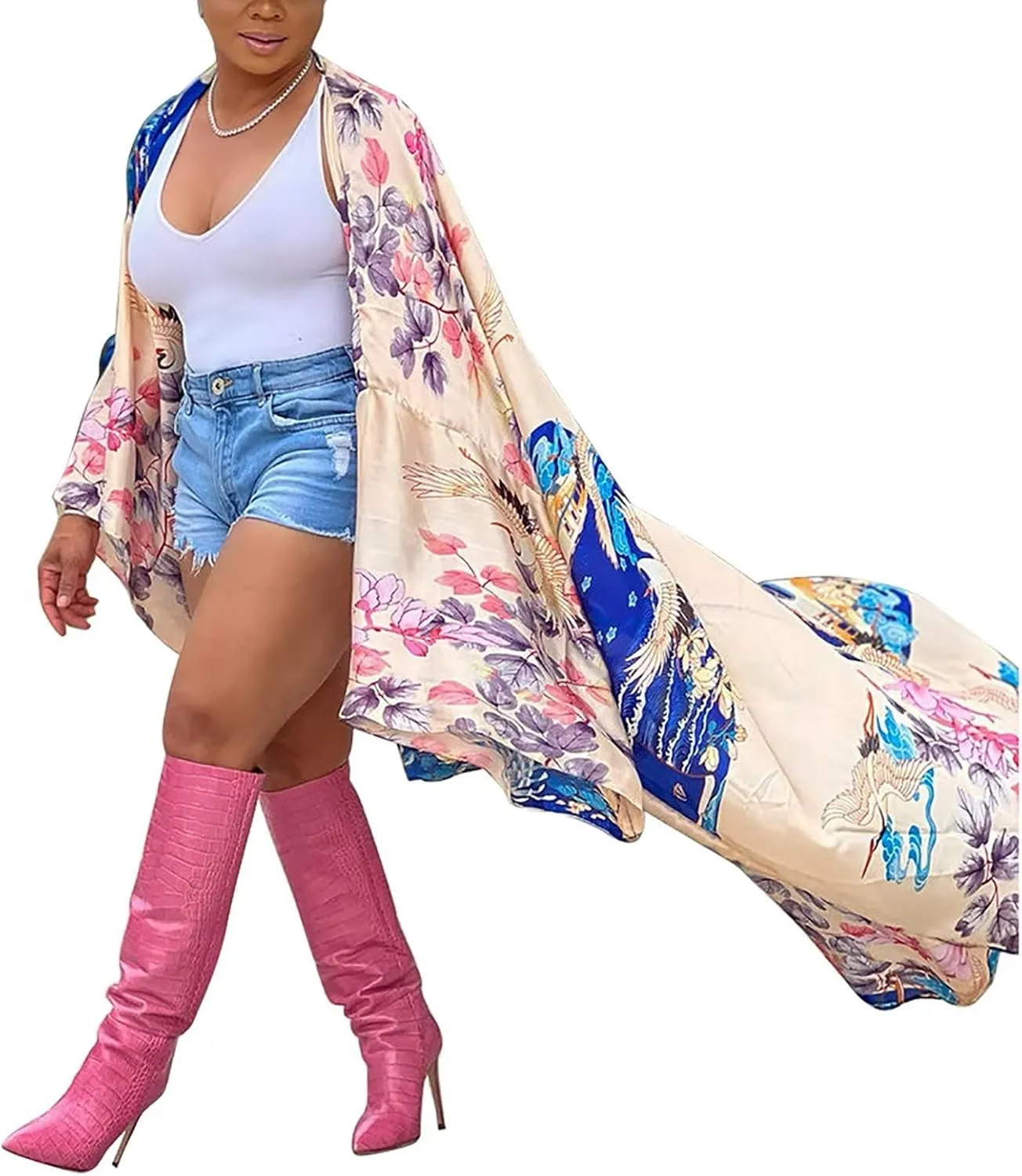 Floral Kimonos for Women Casual Open Front Stain Long Kimono Robes Cardigan Cover Up Plus Size