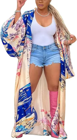 Floral Kimonos for Women Casual Open Front Stain Long Kimono Robes Cardigan Cover Up Plus Size