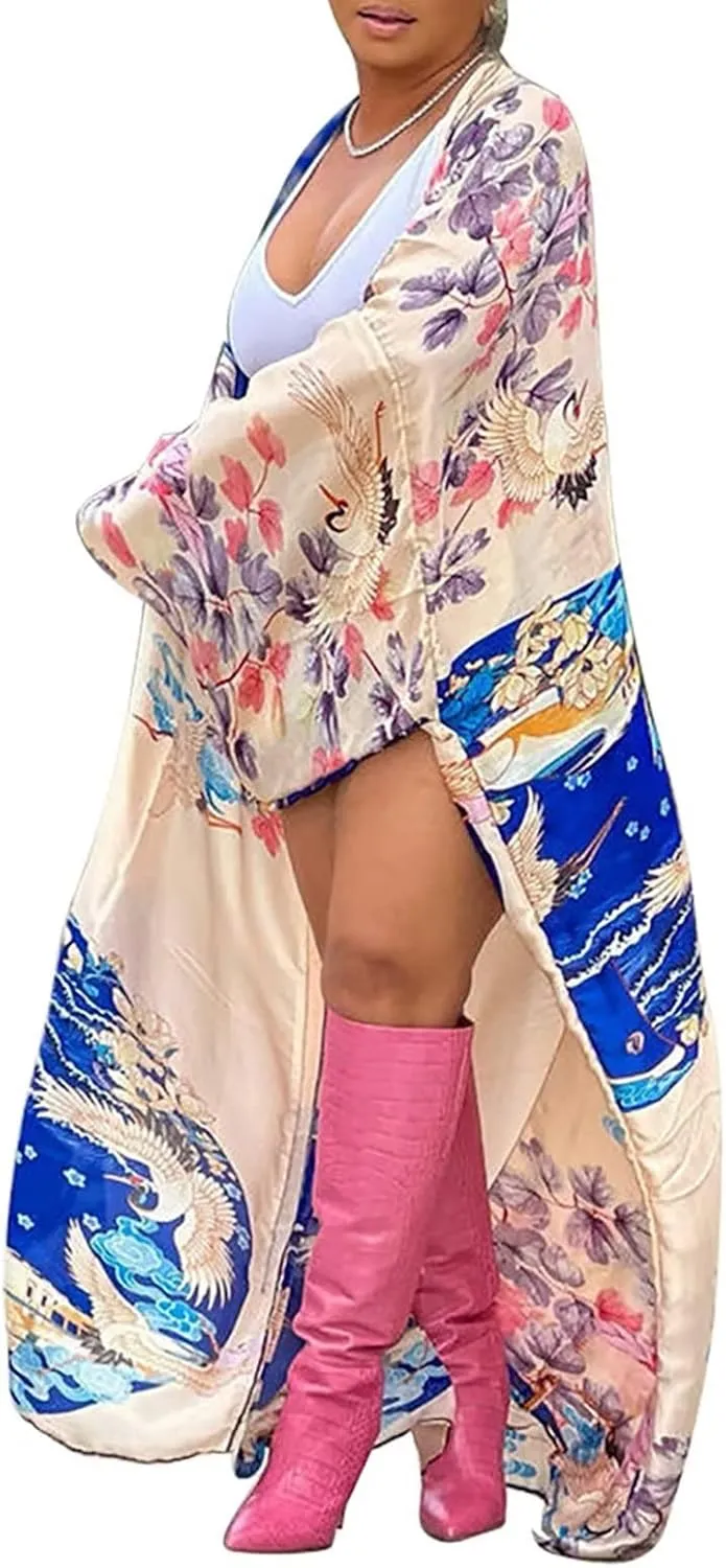 Floral Kimonos for Women Casual Open Front Stain Long Kimono Robes Cardigan Cover Up Plus Size