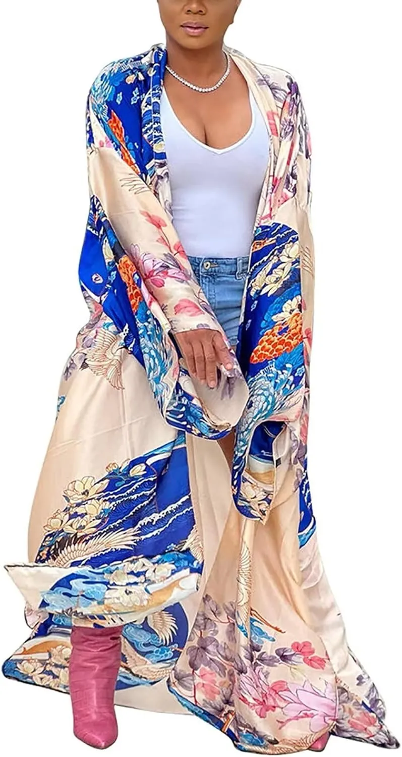Floral Kimonos for Women Casual Open Front Stain Long Kimono Robes Cardigan Cover Up Plus Size