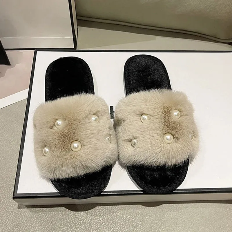 Fur Slippers with Pearls for Women