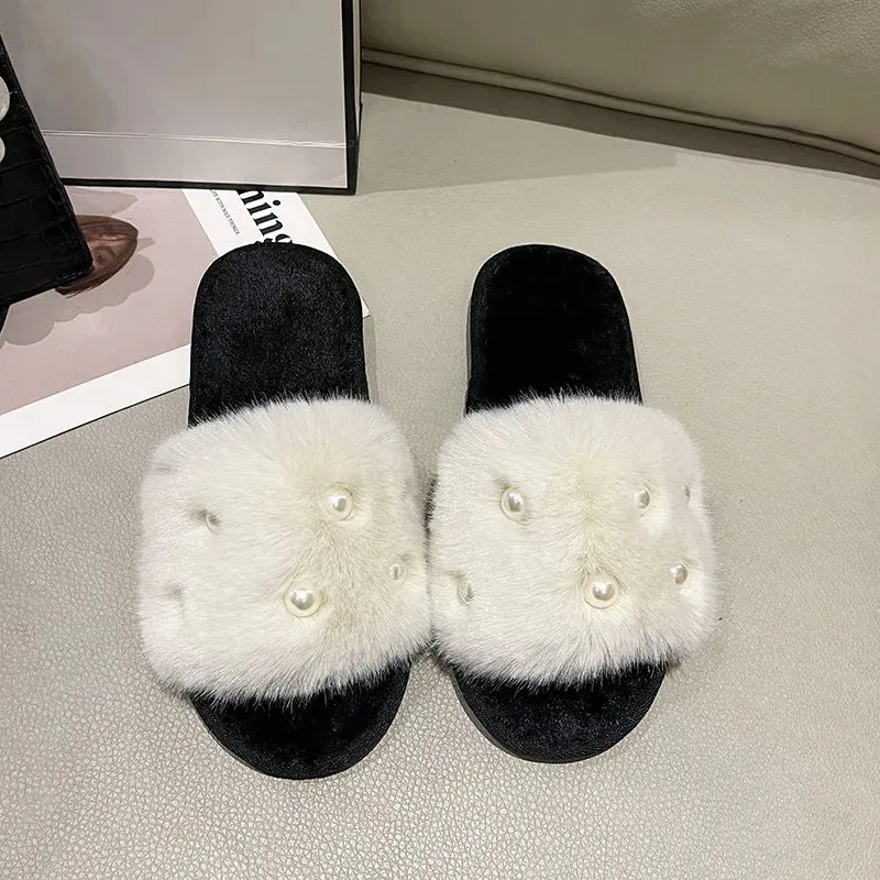 Fur Slippers with Pearls for Women