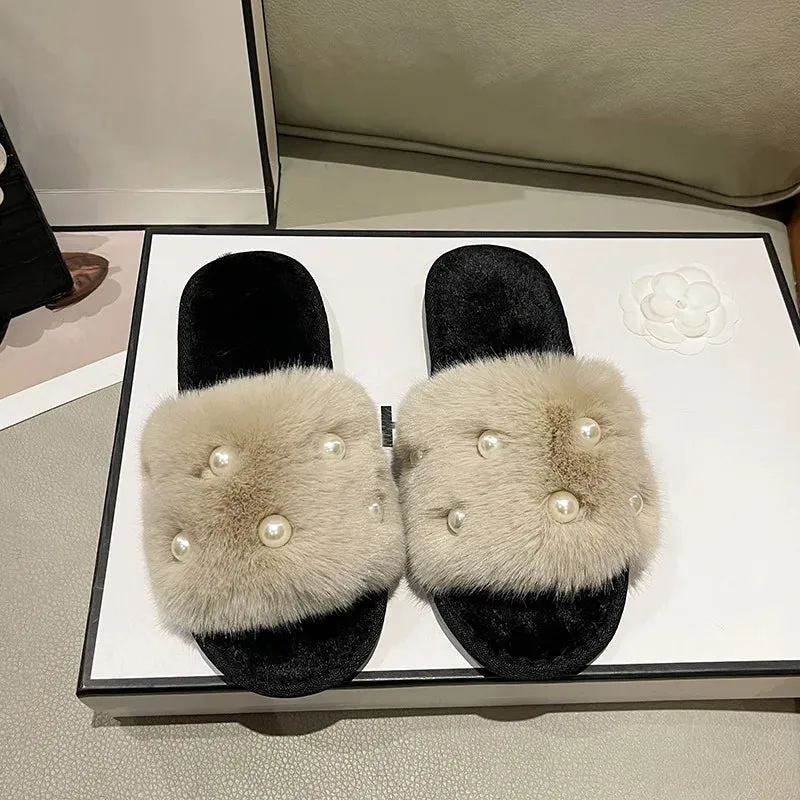Fur Slippers with Pearls for Women