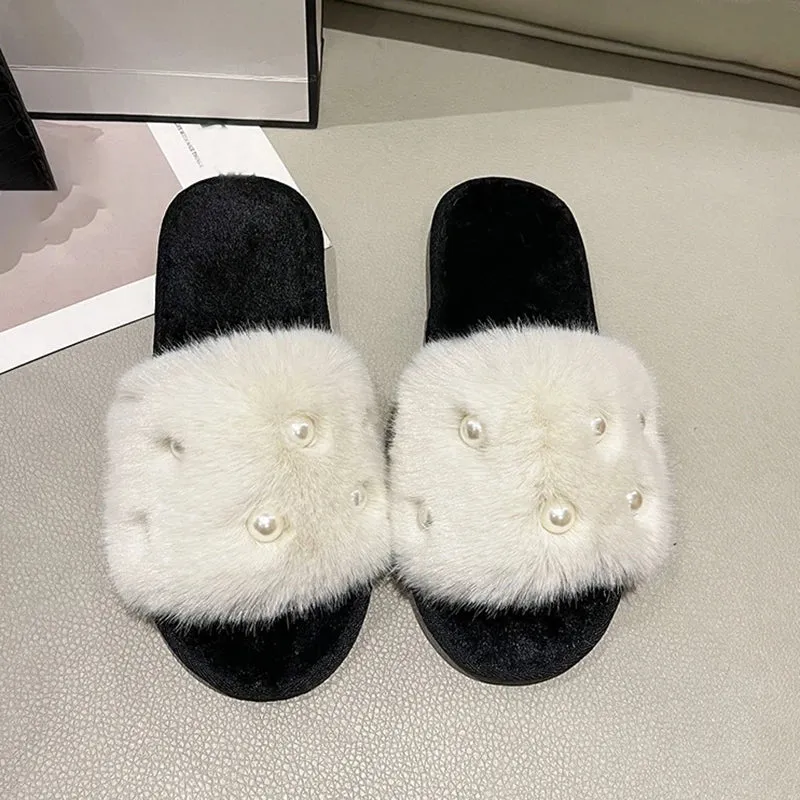 Fur Slippers with Pearls for Women