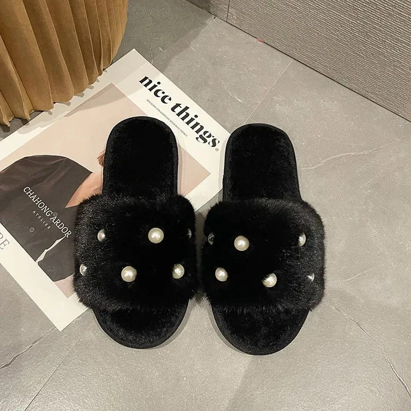 Fur Slippers with Pearls for Women