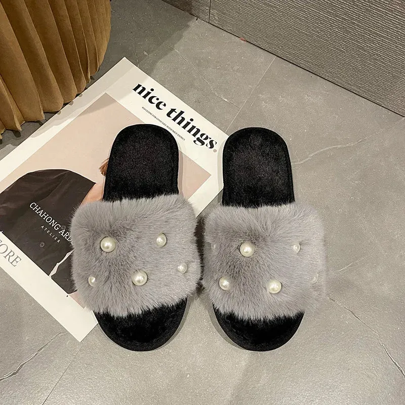 Fur Slippers with Pearls for Women