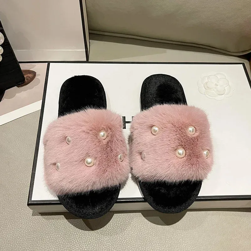 Fur Slippers with Pearls for Women