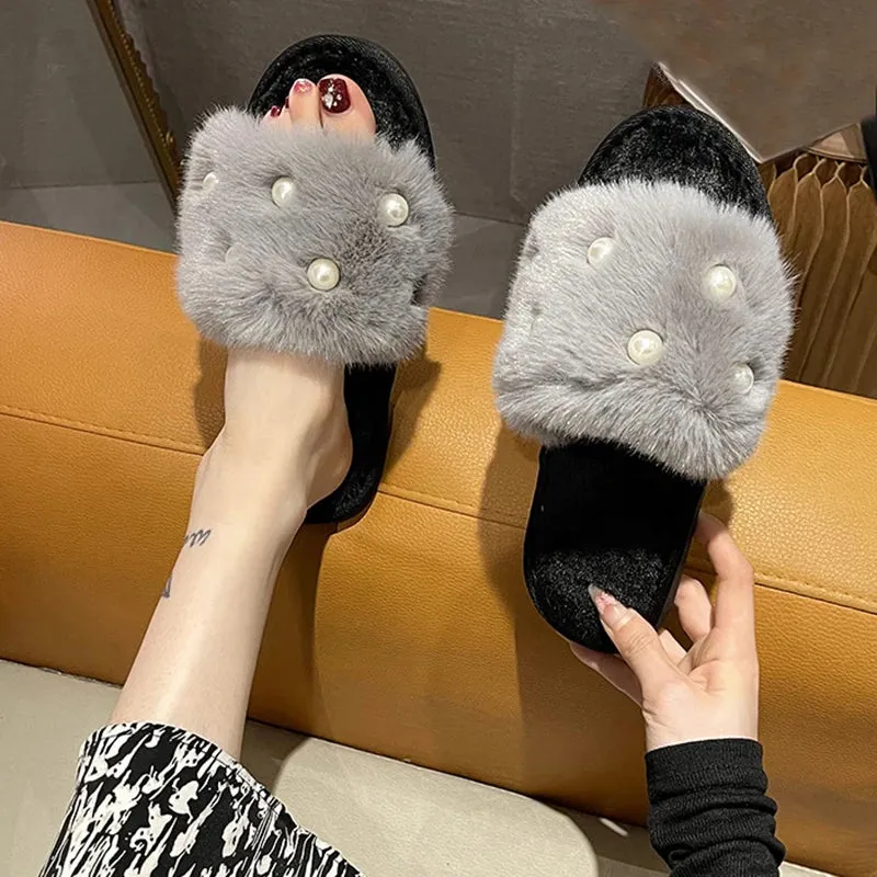 Fur Slippers with Pearls for Women