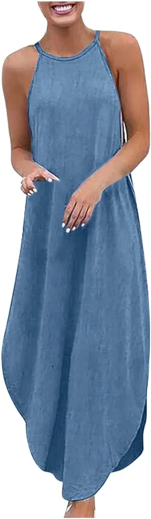 FZYLQY Maxi Dresses for Women Summer Halter Neck Denim Sundress Casual Sleeveless Long Vacation Beach Cocktail Dress